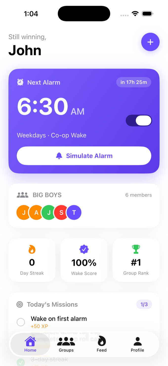 Rouse home screen with a 6:30 AM co-op alarm, a six-member group, and wake streaks